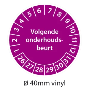 Paarse keuringsstickers 40mm vinyl op strook van 5 stuks met opdruk volgende onderhoudsbeurt - 2026