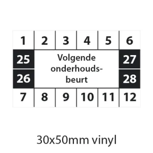 Zwart-witte keuringssticker "Volgende onderhoudsbeurt" met maand- en jaartallen, 30x50mm, vinyl.