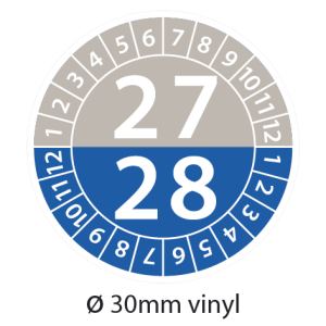 Keuringsstickers 2027-2028 Ø30 mm vinyl grijs-blauw op strook van 5 stuks