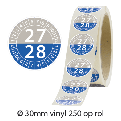 Keuringsstickers 2027-2028 Ø30 mm vinyl grijs-blauw op rol van 250 stuks