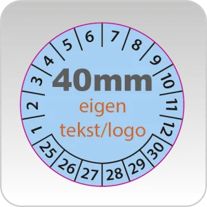 Ontwerp en bestel online uw eigen 40mm ronde keuringsstickers, geleverd op stroken van 4 in kleur
