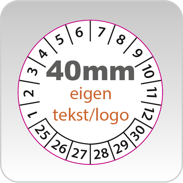 Ontwerp en bestel online uw eigen 40mm ronde keuringsstickers, geleverd op stroken van 4 met witte achtergrond