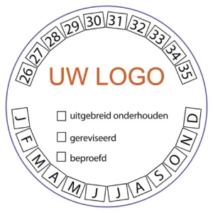 Witte brandblusser keuringssticker uitgebreid onderhoud 50mm zelf ontwerpen met ruimte voor logo en bedrijfsinformatie
