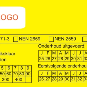 Geel Full-Colour brandblusser onderhoudssticker 50x90mm zelf ontwerpen met schaalbaar wit vlak voor logo of tekst