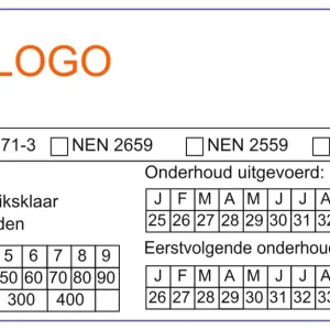 Witte brandblusser onderhoudssticker 50x90mm zelf ontwerpen met ruimte voor logo en bedrijfsinformatie